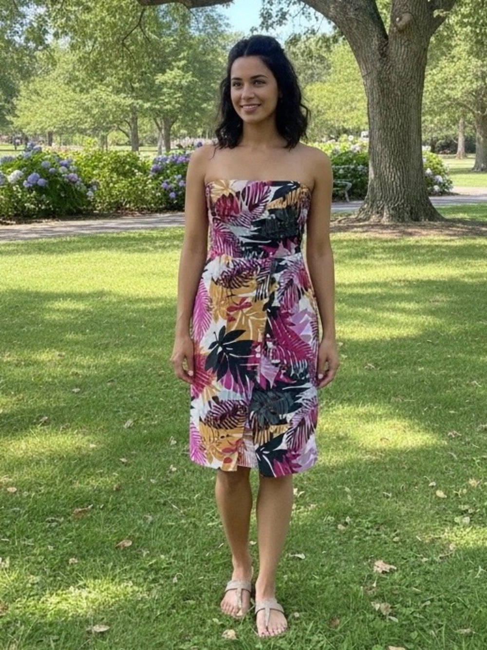 Banana Republic Women's Silk Dress Strapless Tropical Palm Leaf Print Size 6